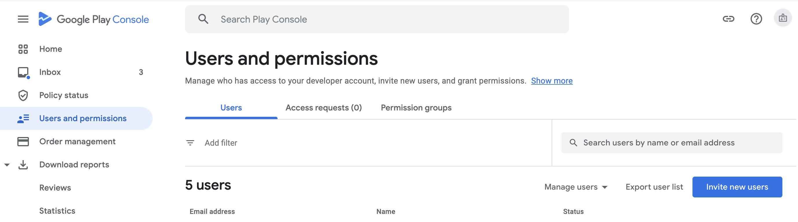 Users and permissions window